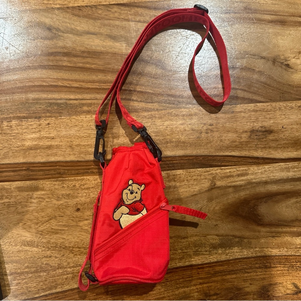 Disney Store Winnie The Pooh Red Water Bottle Carrier W/ Strap & Zipper Pocket